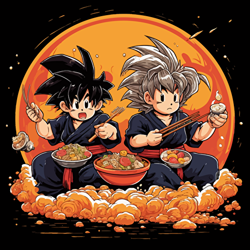 Goku vs Kirby ramen eating contest. Vector image. Drawing. High detailed. Black background.