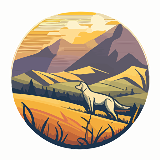 A_coin_emblem_logo_for_a_Dog running in a field:: mountains in the background, code style, color, vector