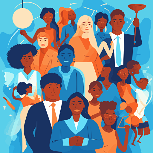 flat vector stylized illustration of children and youth of different ages and ethnicities being defended by lawyers, youth justice, hopeful, surrounded by symbols of the law and litigation,