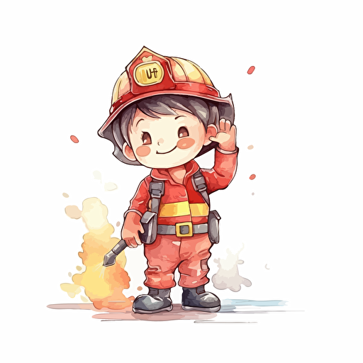 cute fireman, detailed, cartoon style, 2d watercolor clipart vector, creative and imaginative, hd, white background