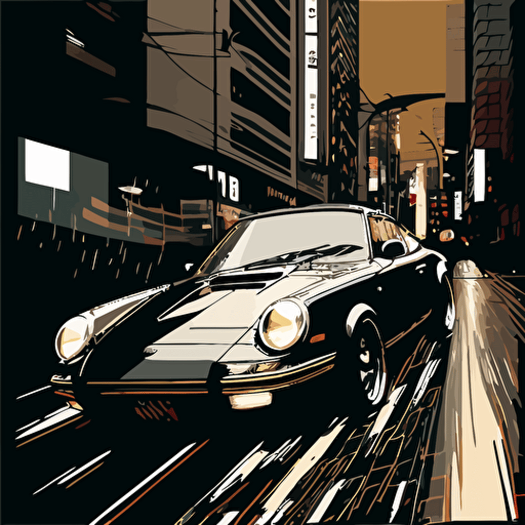 porsche 911, illustration, sin city style driving in tokio street, 2d vector art