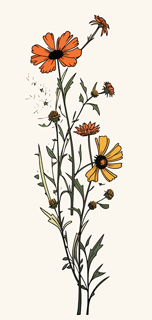 2d colorful single wildflower black outline transparent background vector