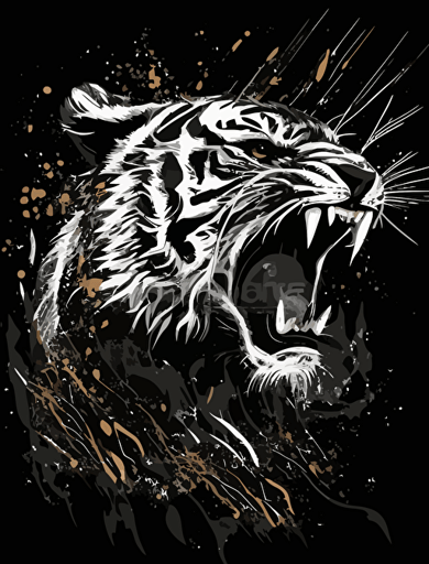 roaring tiger, abstract art illustration, white bamboo on black background, vector art