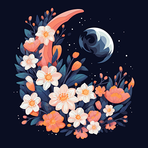 moon and flowers, cartoon, vector style