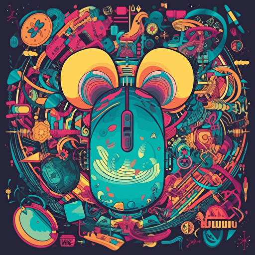a cartoon computer mouse surrounding colorful motifs, 2d vector, neon colours, epic composition, vector design on the edges of the image