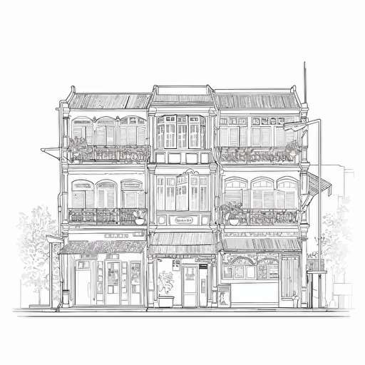 Outline minimalistic sketch of a commercial shophouse in singapore , vector,