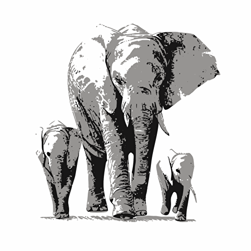 A black and white image of a mother elephant and two baby elephants walking in a line, with the mother leading the way, the second baby elephant holding its trunk to the tail of the first baby elephant, and the last baby elephant holding its trunk to the tail of the second baby elephant, vector , white background color