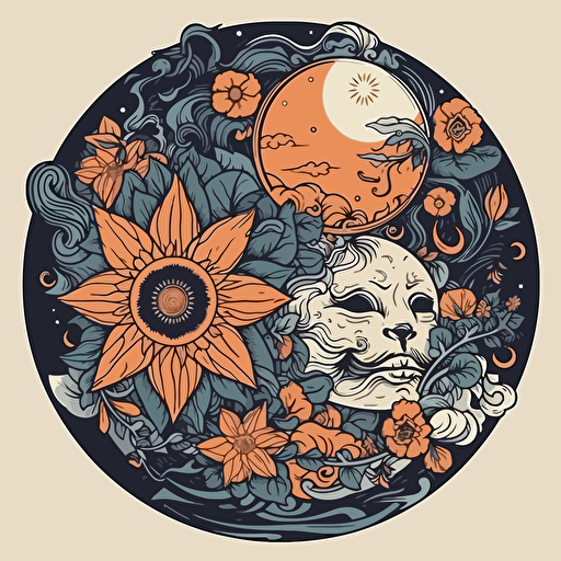 vector sticker of the sun and moon with nature and life coming out of them