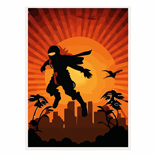 vector poster, ninja, flying sidekick, in front of large sun background v 5