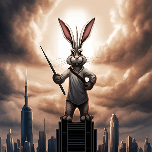bugs bunny on top of burj khalifa, dark clouds, vector art