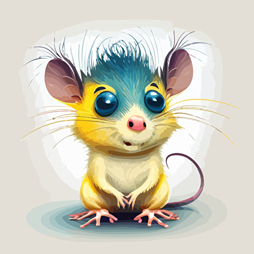 A gorgeous yellow and blue baby fur rat, smiling, white background, vector art , pixar style