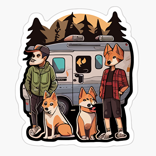 PNW dogs camping in people clothes cartoonish vector art sticker