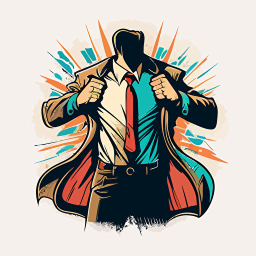 two hands open up a business jacket an embrace an superhero logo, comic style, vectorized, max 5 colors