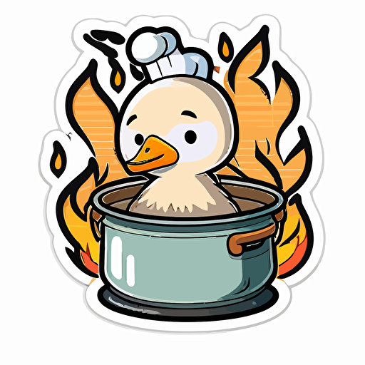 sticker, goose sitting in a pot on a stove with fire all around it, kawaii, contour, vector, white background s 1000