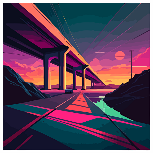 a bridge , flat landscape, digital art, vector, long shadow, 45 degree point of view, by Grant Riven Yun , synthwave colors