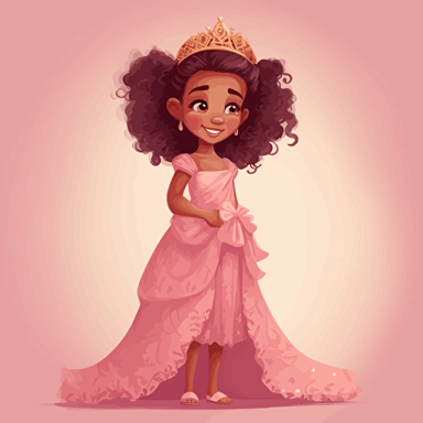 Vector illustration of a cute, adorable, beautiful little black girl princess, with many beautiful braids hairstyle, standing, wearing a beautiful pink long dress and a golden crown on her head, in vivid colors