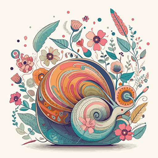 a beautiful snail with a surrounding floral design in detailed drawing style + simple vector + bright colors on a white background