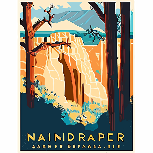 vector image clean bright WPA style national park art poster of Bandelier national monument in New Mexico