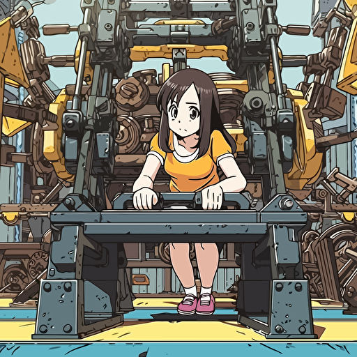 Yui from K-on anime manga is doing bench press with four plates each side of the weight bar, spotted by a robot mecha, in the style of jojo anime