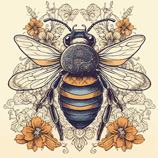 a beautiful honey bee with a surrounding floral design in detailed drawing style + simple vector + bright colors on a white background