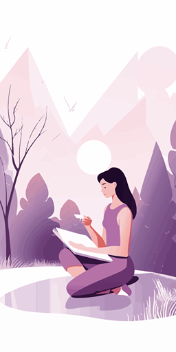 a young person writing into her journal, sitting in nature, sunny. Artsy flat vector illustration, light purples, white background