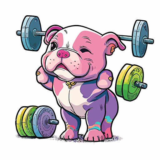vector happy pitbull puppy tired from lifting weights+ sticker+ white background + vibrant pink and purple+ cartoon