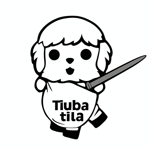 a minimal, black and white vector logo of a Coton de Tulear who is a ninja