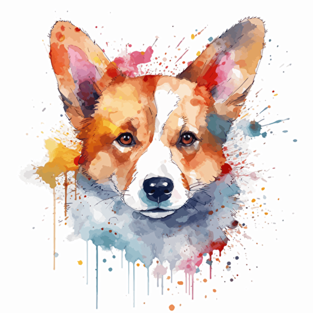 ultra cute corgi watercolor vector art, splash of color, white background,