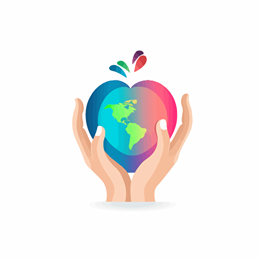 design a logo of a hand cupping a heart shaped earth, lined vector, gradient, minimalistic, white background