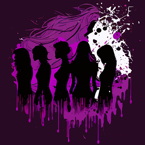 5 girl, Messy, Late Night, purple color, purple background, simple design, vector style, white outline over silhouette