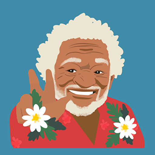 elderly polynesian man smiling pointing towards sky simple flat vector happy colours low camera view