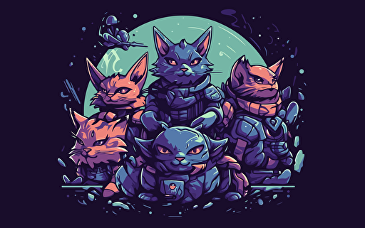 logo design of a group of anthromoporphic cats dressed in sci-fi battle gear with spaceships and planets behind them, 2d, purple and blue colors, vector, amazing-logo-design
