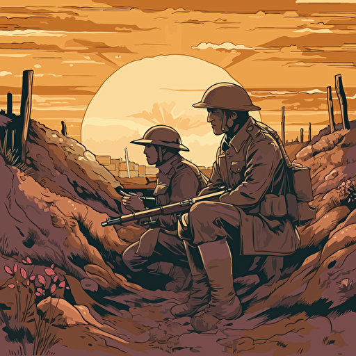 very very sad and dejected english soldiers world war I , looking down , holding their guns with bayonette, dejected, in the trenches with helmets, 16:9 format, illustration vectorial style, limited color palette, the landscape above them in the composition