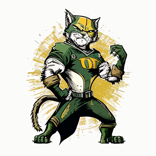 A silly cat-man who plays for the Green Bay Packers, crosseyed, sports logo style, white background, vector