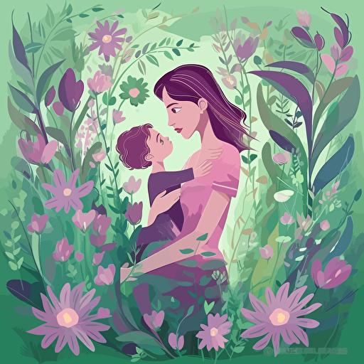Children’s artwork, a mom lifting her kid, pink and purple flowers, green leaves, low detail, lots of depth, pastel colors, vector