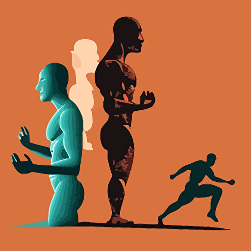 Vector image, single color: In the center of the image, there is a person lifting weights. Next to them, there is a person running. On the other side, there is a person practicing yoga, and a fourth person meditating