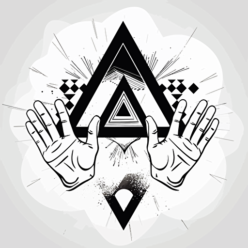 a black and white vector on a solid white background with strong contrast, triangle hands in the middle of geoetric boarder, simple, cosmic crop