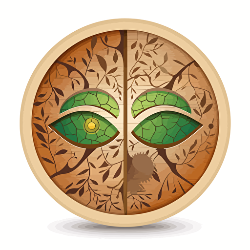 wooden face mask in circle, vector style, brown, green