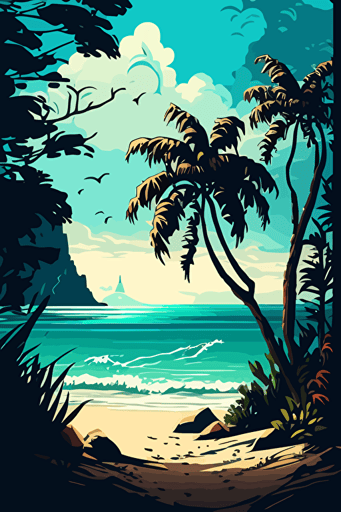 Digital art, tropical beach, landscape, vector illustration, stilized, high spot, hd