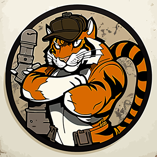 the classic Exxon tiger wearing a wide brim flat brim hard hat, industrial scene, cartoon, vector art, ultra contrast, holding a valve wrench or monkey wrench, circular sticker logo, dark, red, black, white, tiger wearing work clothes, tiger head, man body from waist up, tiger has a tough look on his face, tiger’s face and body are dirty from working in the oil industry, tiger is muscular