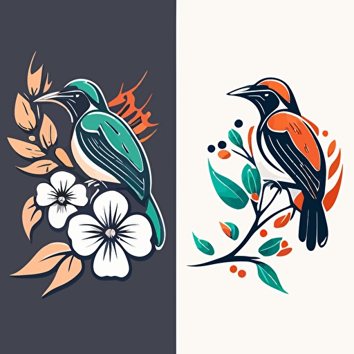 simple 2 color vector logo of a bird and a flower