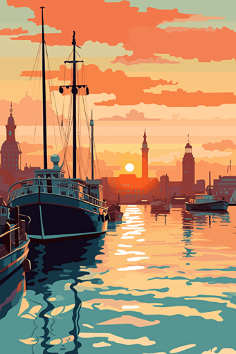 Hamburg city harbor, vector art, wistful, 1960s, sunset marina backdrop