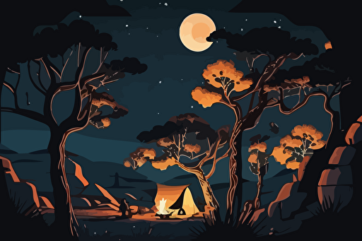 joushua tree national park, camp site, camp fire, night views, illustration, minimalism, vector design
