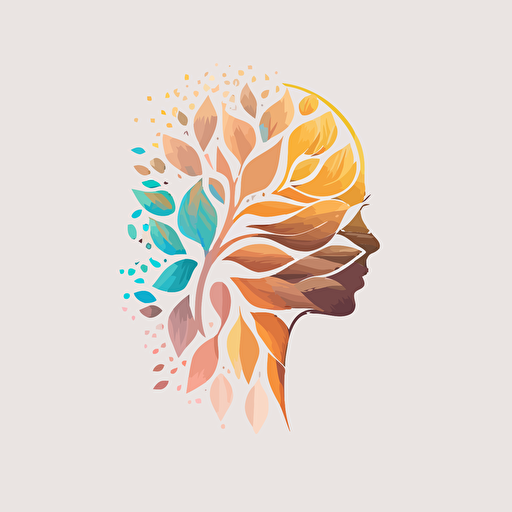 Abstract modern minimalist design symmetrical vector logo for a blockchain startup made up of light pastel earthy tones gradient where elements of nature like leaves make up the side profile of a human face with a white background