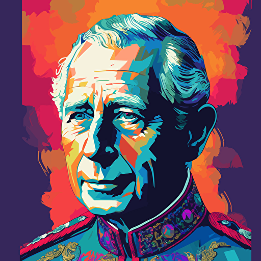 Vector illustration of Prince Charles crowned king of England and the British flag in vivid colors, vector illustration