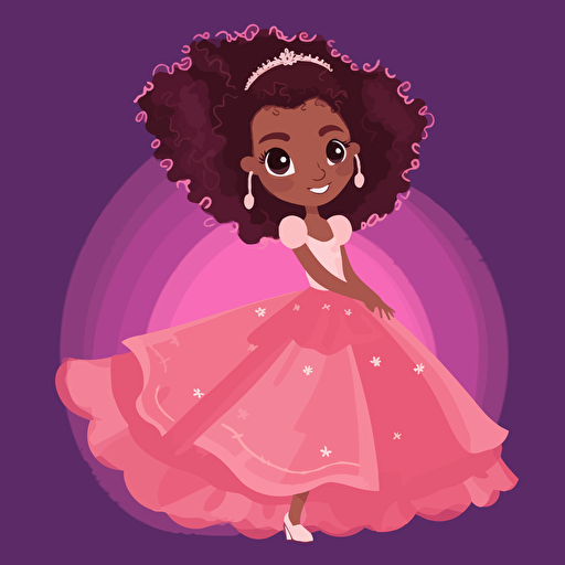 vector illustration of a beautiful happy black mixed race little girl princess with wild Afro hairstyle in long soft pink dress , vivid colors, white background
