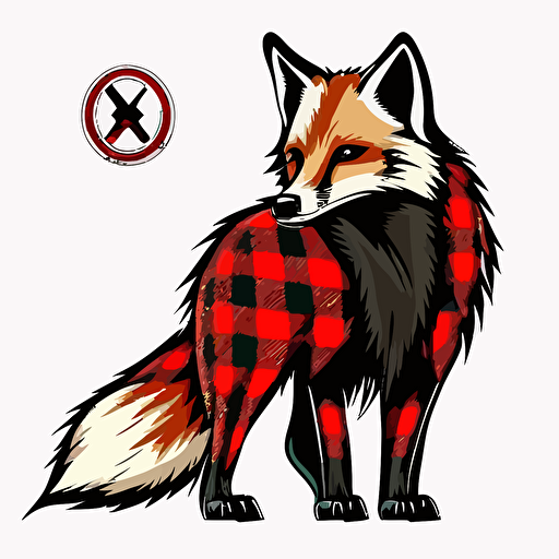 fox with red and black plaid pattern on fur, vector logo, vector art, emblem, simple cartoon, 2d, no text, white background