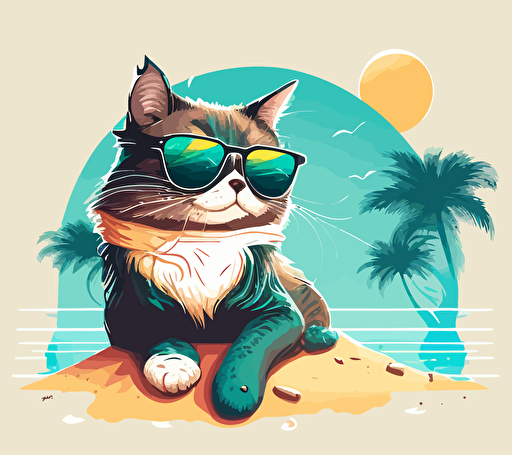 a disney style vector illustration of a cute cat wearing sunglasses, chilling at the beach, summer holiday