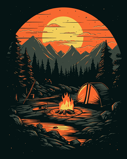 campfire, retro aesthetics, vector image, sticker design, pantone color scheme: 12-1706 TCX, 12-0824 TCX, 15-0146 TCX, 15-1164 TCX, 16-6340 TCX, 17-4247 TCX, 18-2043 TCX, 19-6026 TCX. The final piece should exude a warm, holiday-like ambiance.