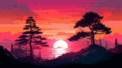 sunset landscape,vaporwave,vector colorful,digital art, photooilpainting
